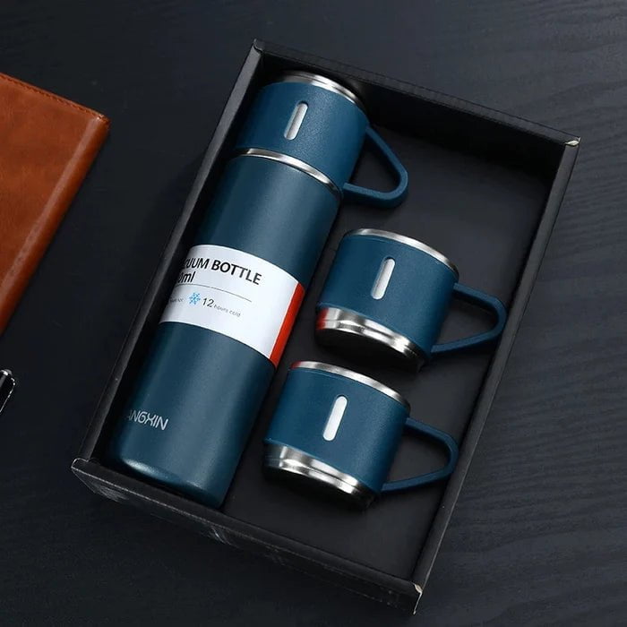 Stainless Steel Vacuum Flask Hot And Cool Water Bottle with two cups – Random Color